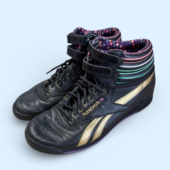 Reebok Shoes - Reebok Vintage Black and Gold High-Tops with Colorful Stripes